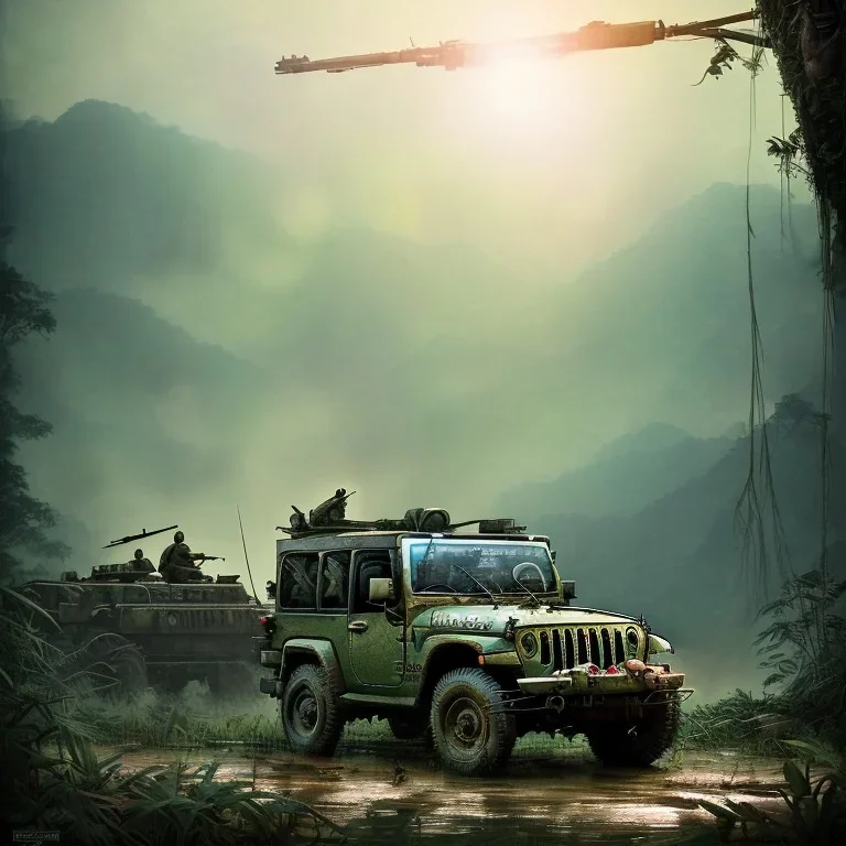 vietnam war. war report. jeep in jungle. poster. bokeh. lens flare. warm lights. high detailed. beksinski