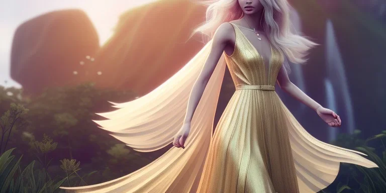 subtle queen, atmospheric, realistic, unreal engine, cinematic lighting, octane render, transparent long dress, blonde, full body, bright wings, smile, long hair