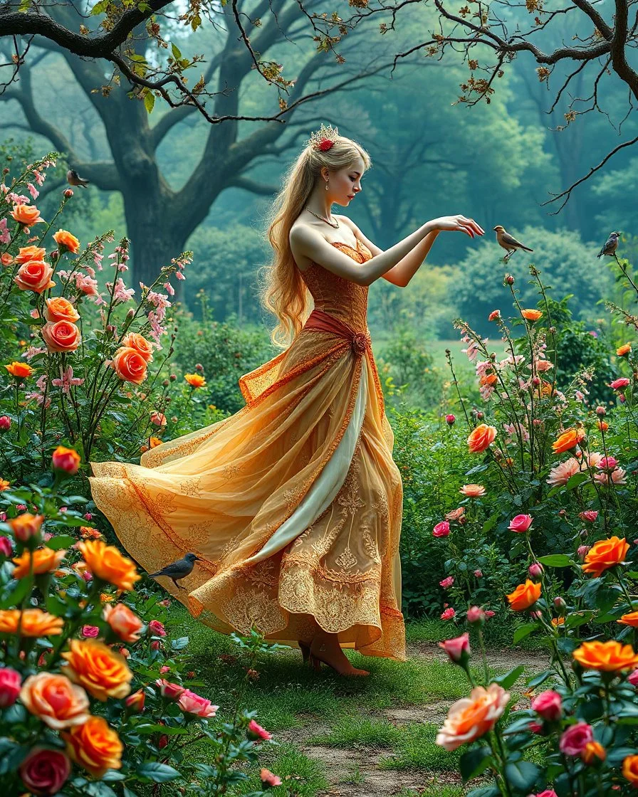 Beautiful Princess dancing in Wild garden, flower beds, fractal ornamentation, over detailed, gloriously full and confusing, nothing that really exists, everything made up, fantasy world, sweet briar, photography graphic art, song birds, ochre rose, rose buds, dewy morning, forest of oaks,