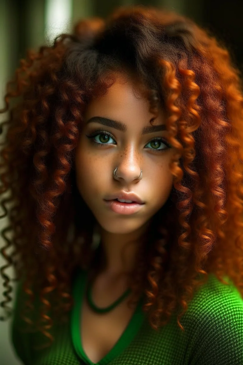 Mixed girl long curly reddish Orenge hair dark green eyes