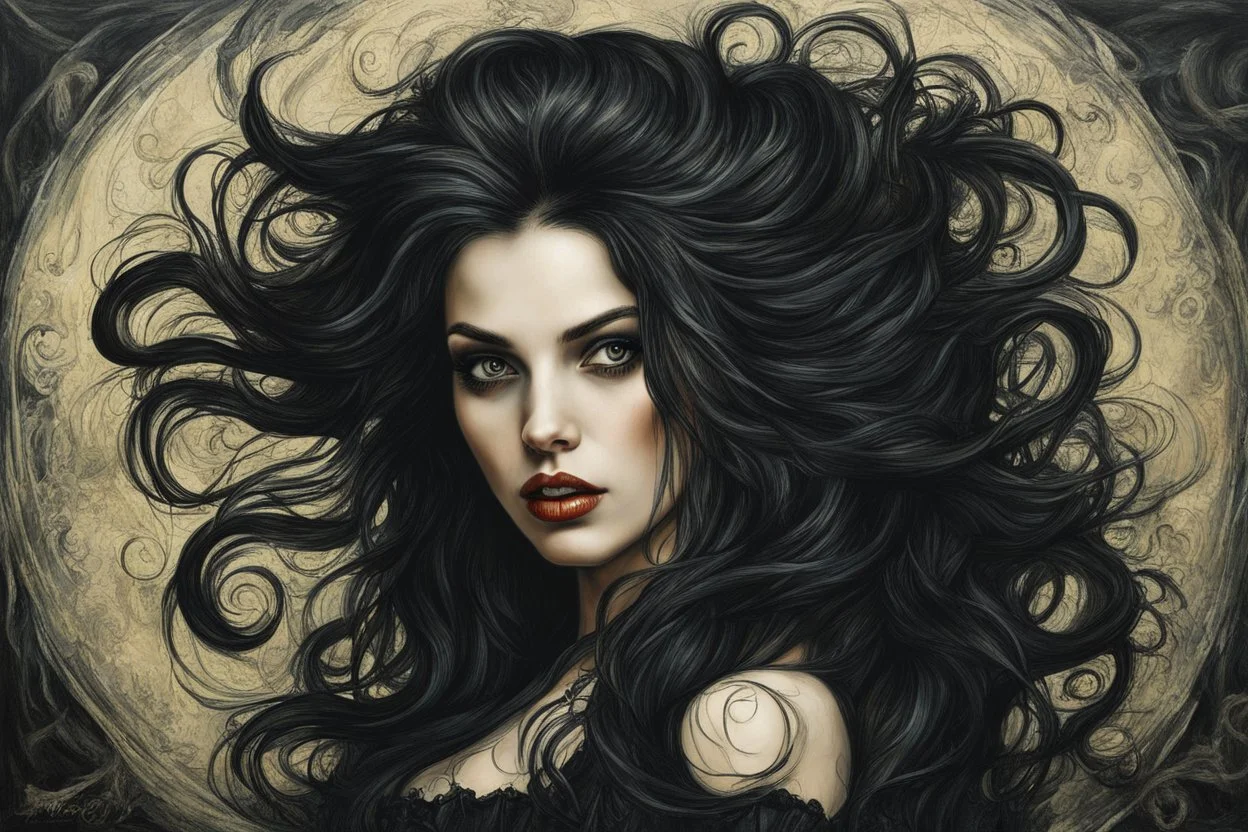 create a disturbing oil painting of a dark haired, savage, gothpunk vampire girl with highly detailed , sharply defined hair and facial features set against a swirling chaotic background, in the style of Leonardo da Vinci