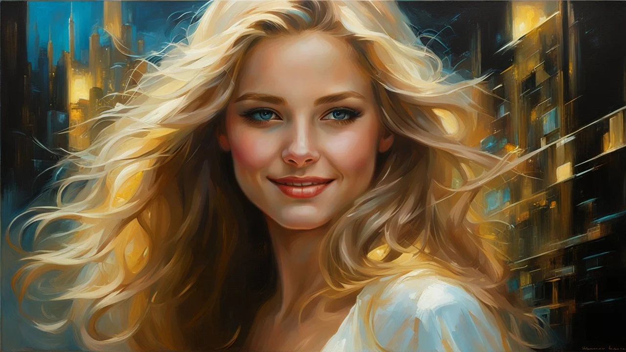 In Casey Baugh's evocative style, art of a beautiful young smiling blonde girl with long brown hair, futuristic, scifi, intricate, elegant, highly detailed, majestic, Baugh's brushwork infuses the painting with a unique combination of realism and abstraction, greg rutkowski, surreal gold filigree, broken glass, (masterpiece, sidelighting, finely detailed beautiful eyes: 1.2), hdr, realistic painting,