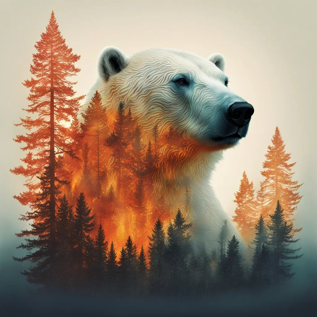 double exposure fire_forest polar_bear silhouette portrait, intricate mystical perfect anatomy | accurate | brilliant | warm backdrop | vibrant | double exposure art by Andreas Lie and Dan Mountford | detailed color shading | intricate textures | hyperdetailed 8k resolution, concept art, Splash art, flying gold and crimson particles, photo layering effects.