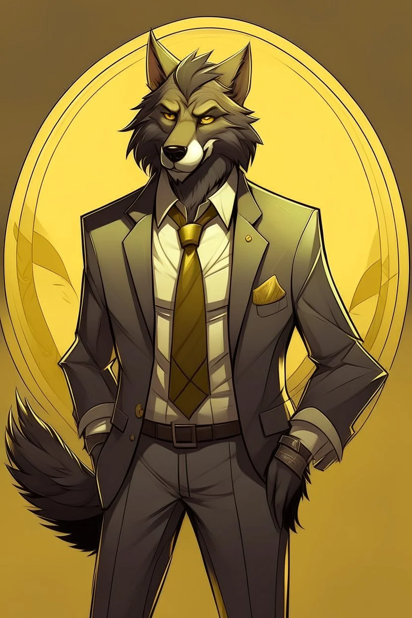 Buff, anthro, wolf, himbo, black fur, gold eyes, wearing a suit, full-body