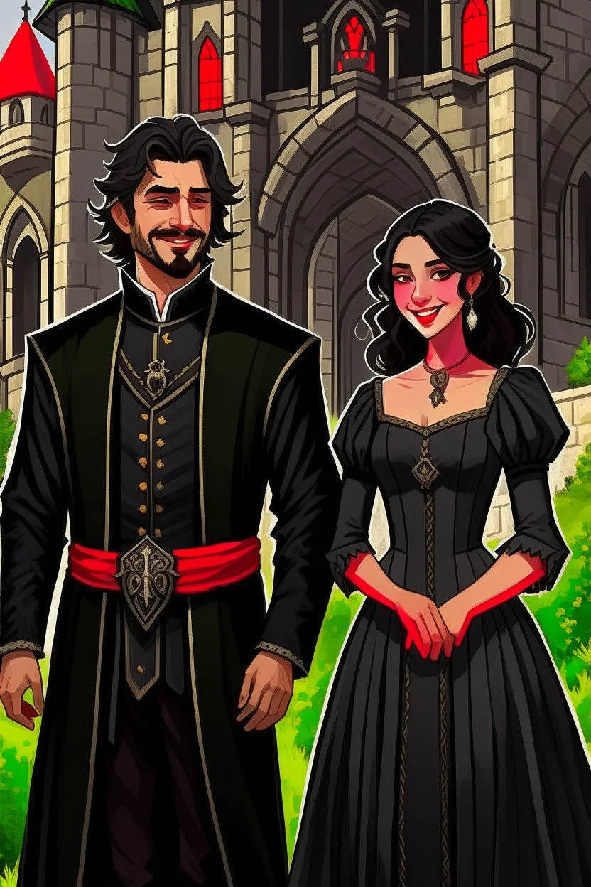 Strahd von Zarovich smiling, dressed in black and Ireena Kolyana frowning, wearing a wedding dress standing outside Castle Ravenloft in the illustrated style of dungeons and dragons