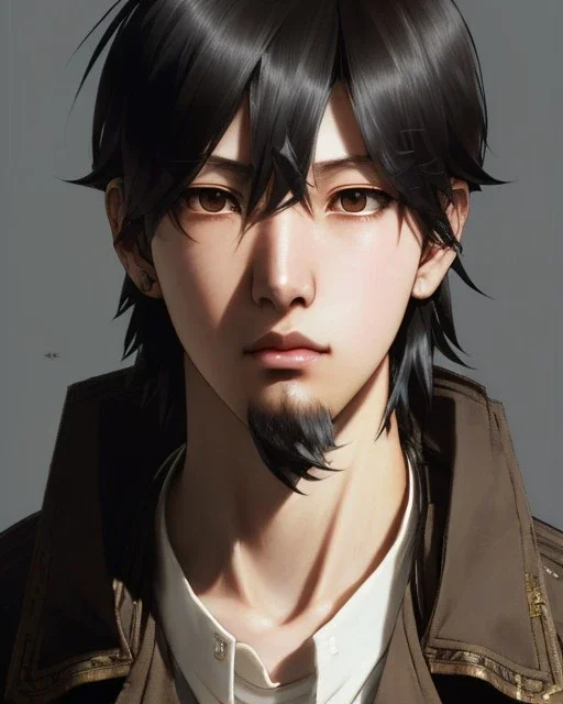 Detailed sad male anime boy with long brown hair, intricate details, full body portrait, keep head in frame, slight, black Japanese motif, concept art, highly detailed, digital painting, concept art, sharp focus, illustration, art by Yoji Shinkawa, WLOP and greg rutkowski and alphonse mucha and artgerm and yanjun Chen and Junji ito and Makoto Shinkai, HDR, octane render