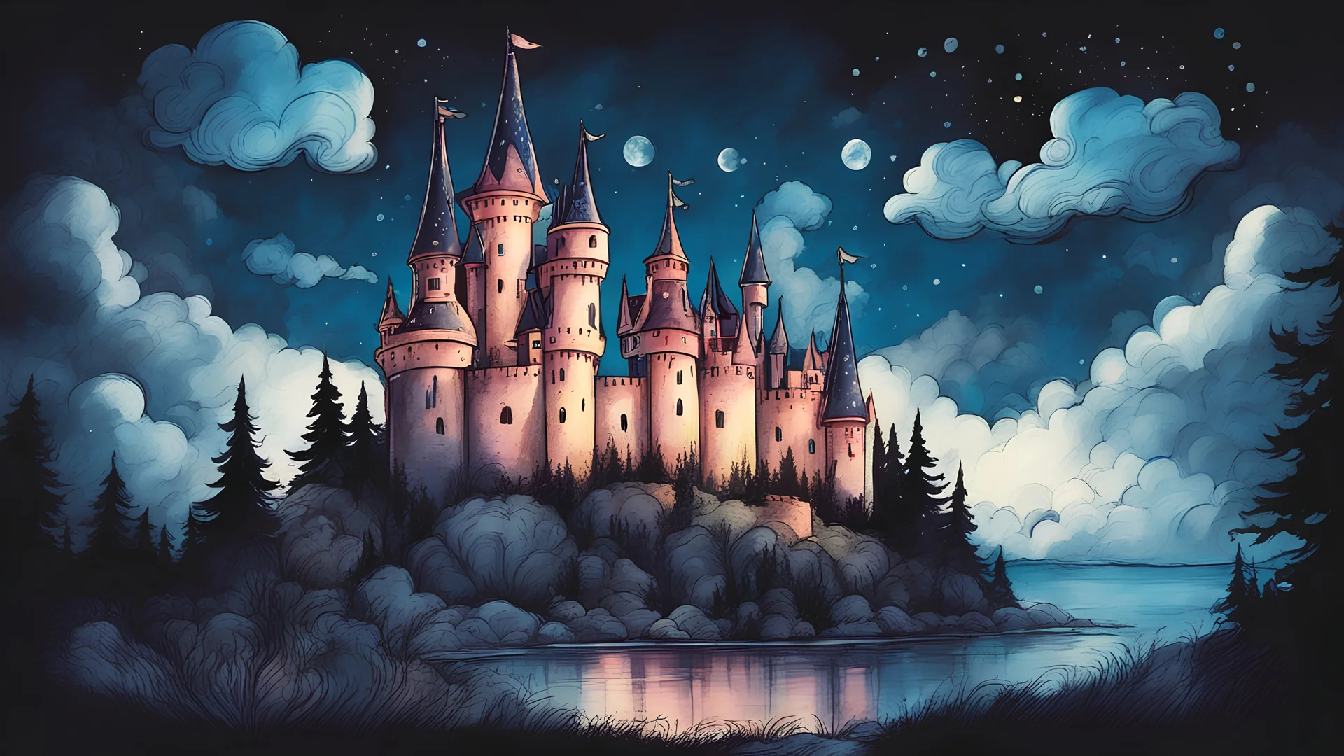 drawing fairy tale castle night with blu clouds coloured