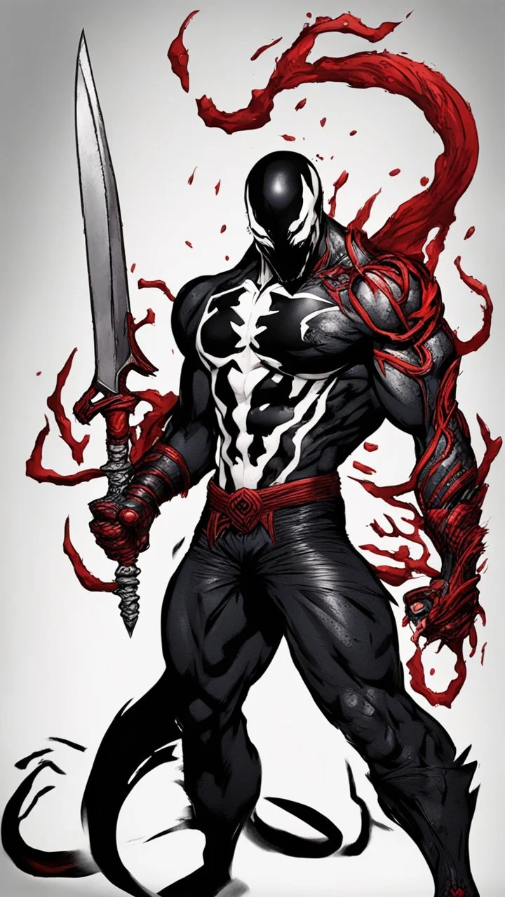 Venom symbiote with kratos red tattoos and Clothes, holding blade of choice