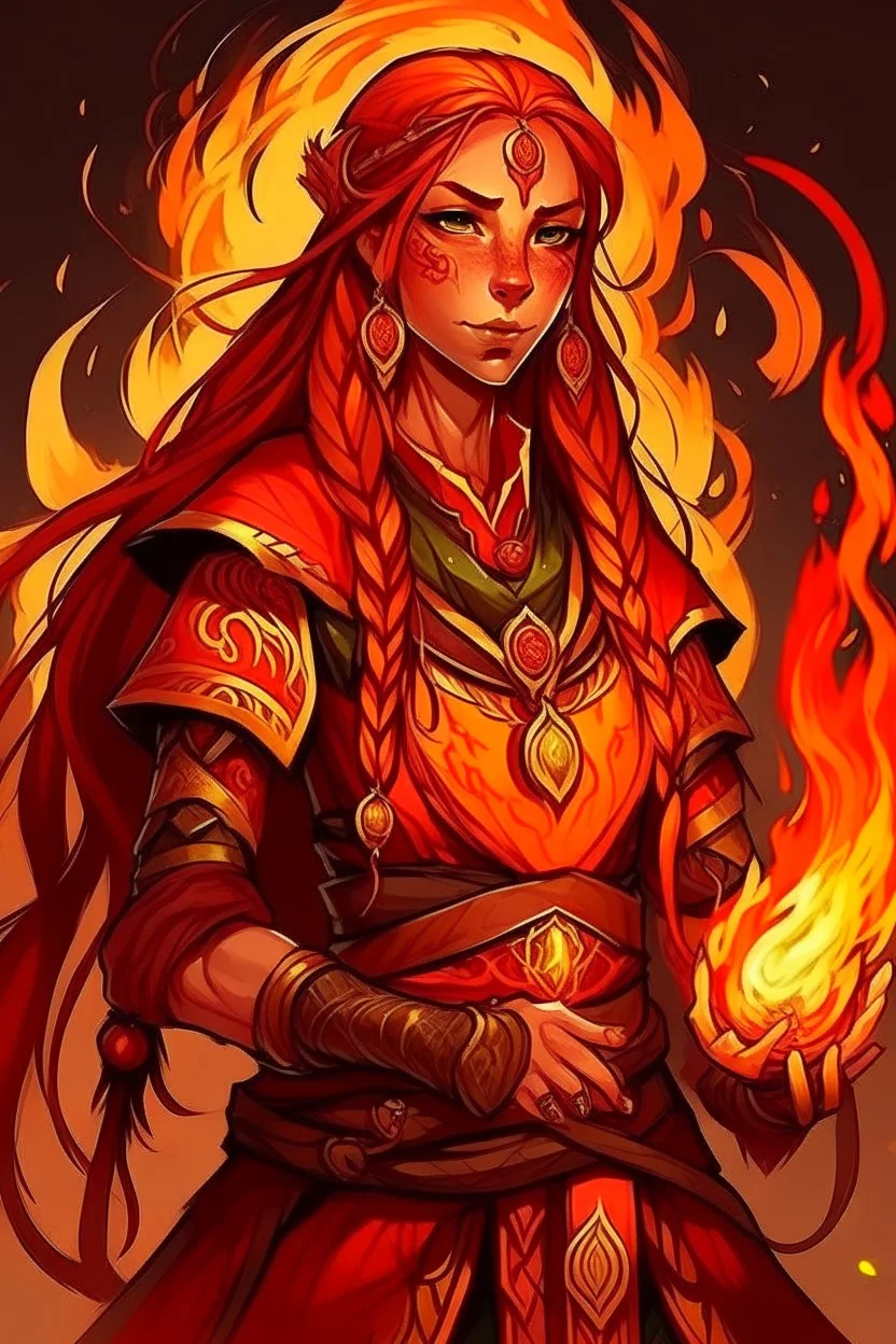 Female paladin Druid. Made from fire, hair is long and bright red. It has some braids. Eyes are big, looks like fire . Makes fire with hands. Has trust issues