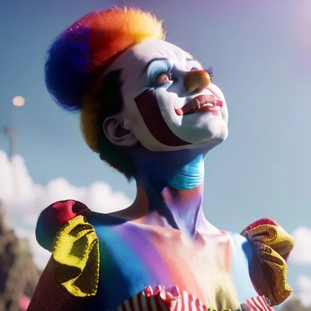 Ultra realistic circus scene. clown sweet woman, waist up view, Wes Anderson style, happy, highly detailed, concept art, unreal engine 5, god rays, ray tracing, RTX, lumen lighting, ultra detail, volumetric lighting, 3d, finely drawn, high definition, high resolution.