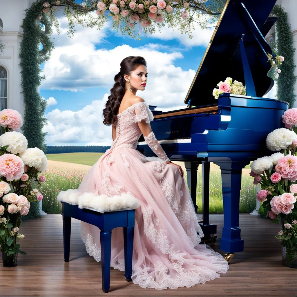 fullbody girl makeup wearing a victorian dress sitting to a grand piano in country side ,flowers ,pretty clouds in blue sky