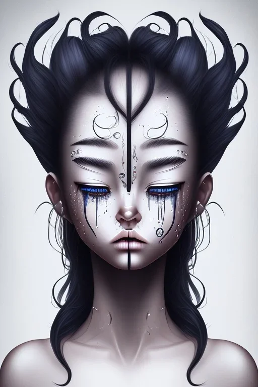 Crying girl, sad, expressive, emotive, frowning, furrowed eyebrows, pouting lips, dark blue skin, white long flowing hair