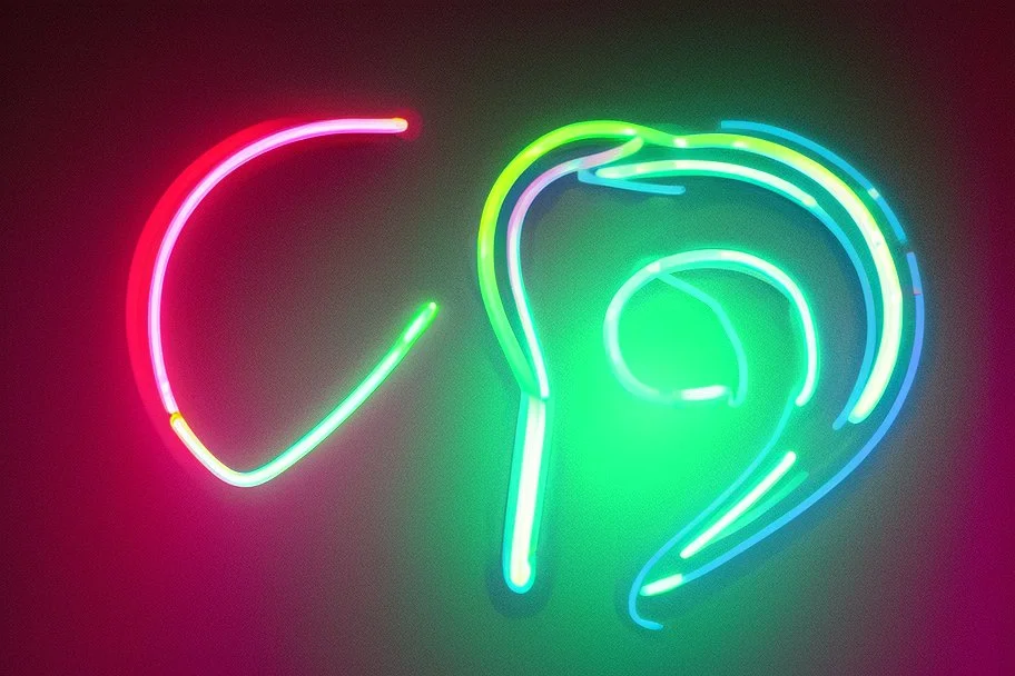 black background, outlines of a holographic question mark drawn from thin neon-coloured glowing lines