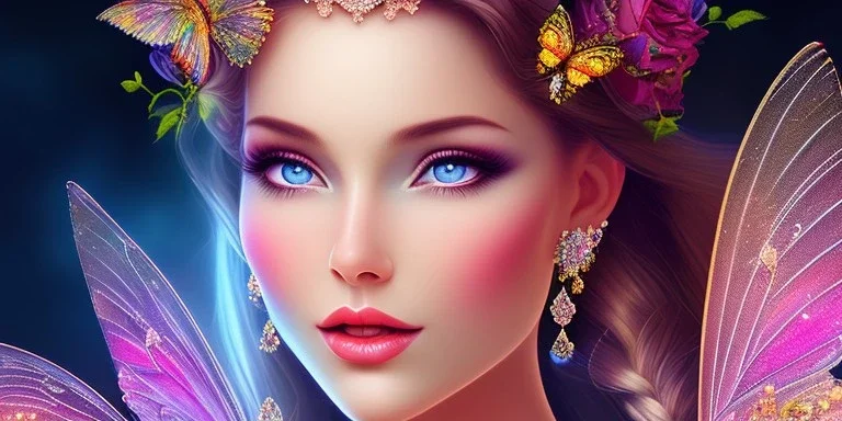 bright fairy, beautiful portrait, flowery landscape