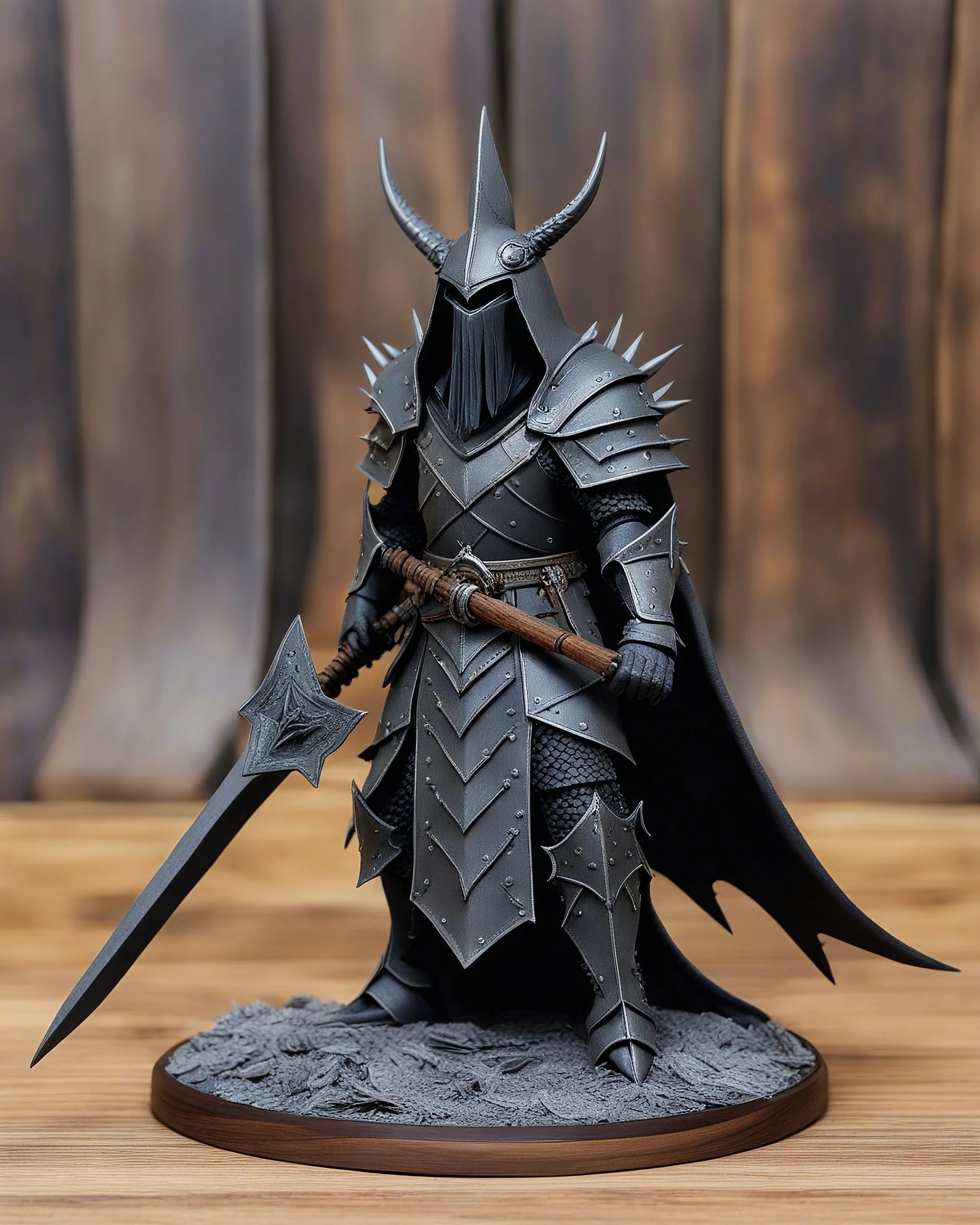 photo of a tabletop role-playing miniature of a nazgûl wearing a tattered dark gray robe, wearing a helmet with a spiky dark iron crown and a plate armour with angular shapes, full body, with a wooden base background.