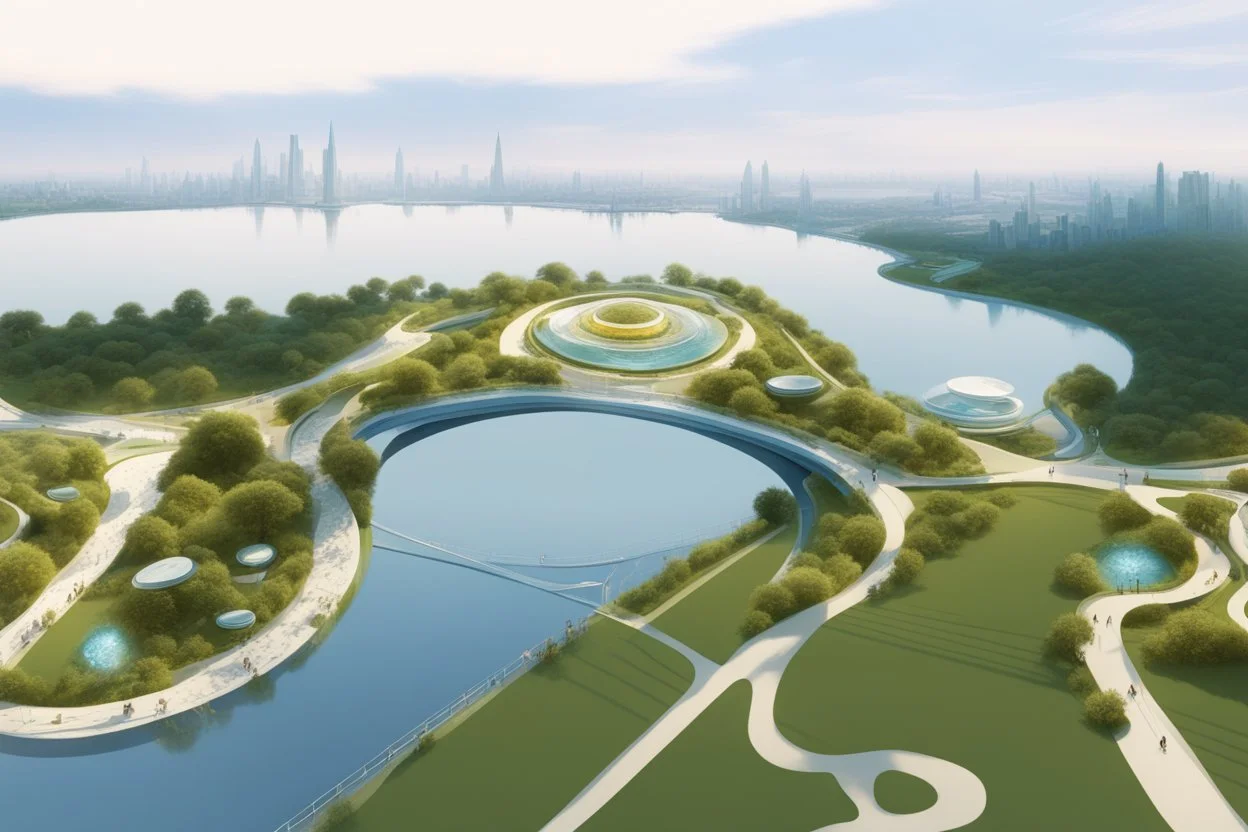 theme park of the city of the future 2050, fairy tale, radiance, abstraction, bird's eye view, walking park