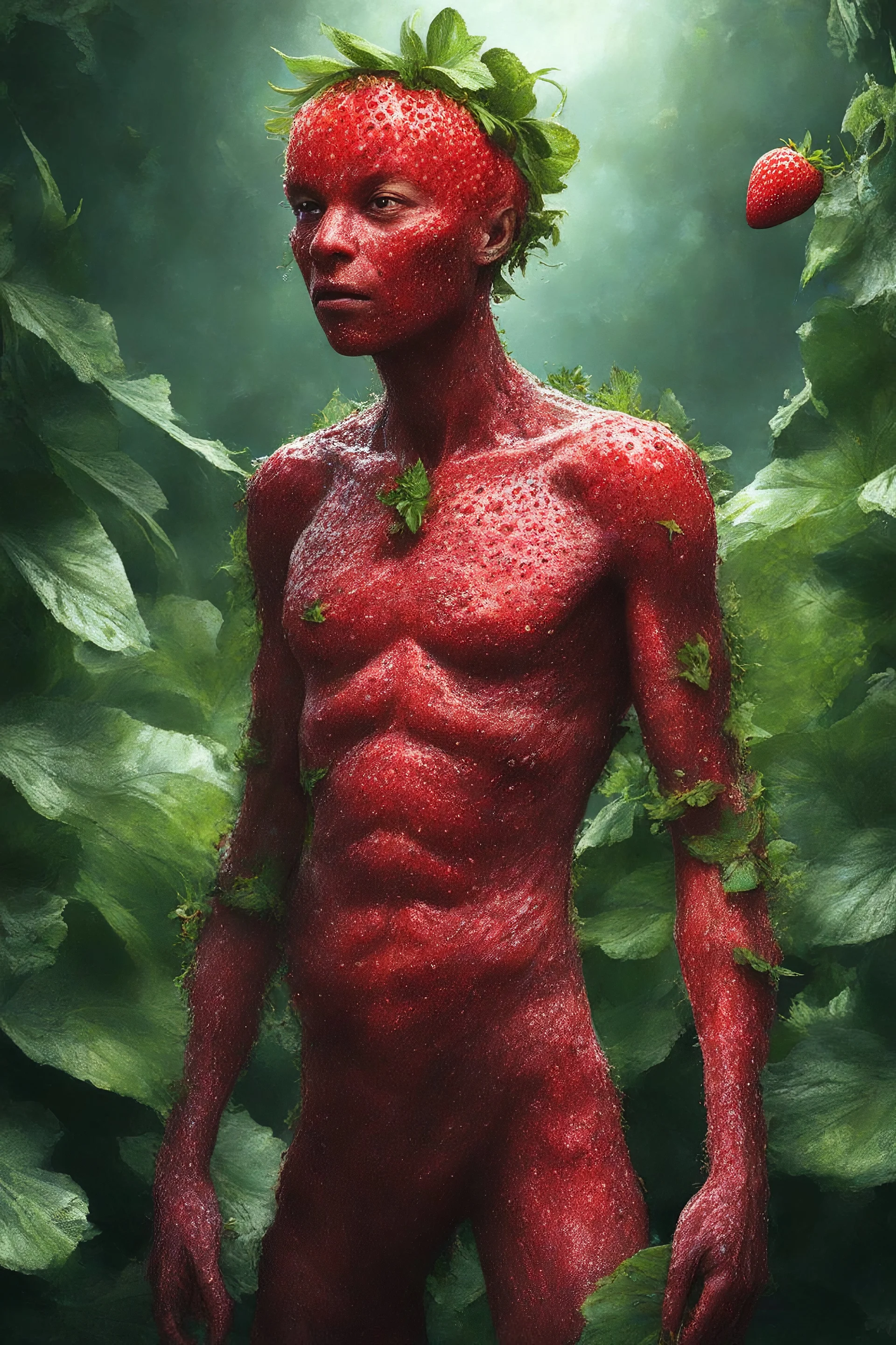 imagine a world where everything is made out of strawberries, a 4k UHD strawberry skinned man, a 1080p strawberry skinned woman, at the edge of the universe, three million years in the future, an extremely mutated humanoid strawberry, Strawberryman, with wirey, messy, spiked up, long leafy green strawberry leaf hair, strawberry skin, bound to the edge of time, wandering aimlessly in a post-apocalyptic universe of strawberry skies and strawberry water, with endless swirling strawberry clouds