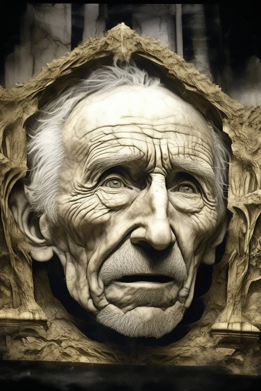 surrealis monochrome A fragmented, surreal sculpture liguid color of photorealistic image 3d,psychedelic art of an old man face glossy emerging from dreamlike a crumbling building. The face appears pale with deep cracks and intricate details, evoking a haunting expression. Blackened tree branches intertwine with the gold mengkilat cracks, set against a backdrop of stormy, cloud-filled skies. bauhaus art The overall tone is dark and moody, suggesting themes of decay and transformation. Include