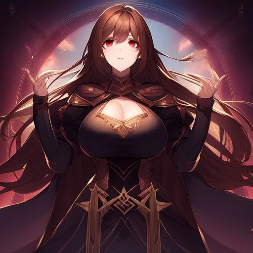 A confident woman with long brown hair and red eyes, stepping out of a magic portal into a medieval world, colored manga style, intricately detailed