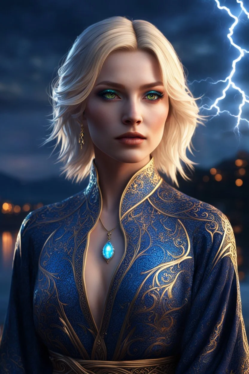 detailed eyes, female russian half elf, curvy, blonde short hairstyle, detailed glowing ornamental magical pattern form fitting robe, glowing gem crackling with lightning implanted on robe, 8k, high detail, lake background, midnight, facing viewer, front facing