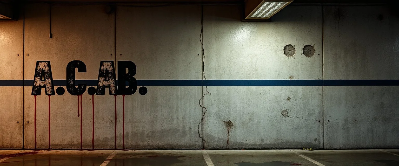 background of wall(wet textured concrete, gray, old, cracked, bullet holes, blood stained, 1 wall light) from underground parking, german style, a large blocky upside down "A.C.A.B." painted on left(old faded paint, red stains running down and past), cyberpunk,