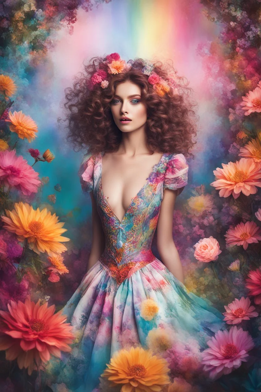 Realistic Photography beautiful woman in wonderland, boheme chic outfit adorned with flowers, vibrant colors,photography inspired, soft pastels, brush strokes, ethereal, digital photography, beautiful and intricate patterns, delicate curls, rainbows, playful, stylish, high contrast, striking shadows, fantastical elements, modern twist, retro vibes, lively and energetic, surrealistic elements, kaleidoscopic patterns, dreamlike atmosphere, whimsical, effervescent, contemporary flair, eye-catching