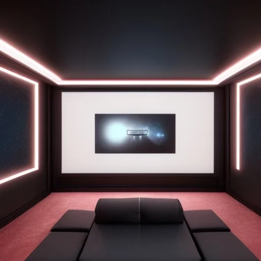 Generate an image of a sleek home cinema with a star-lined ceiling