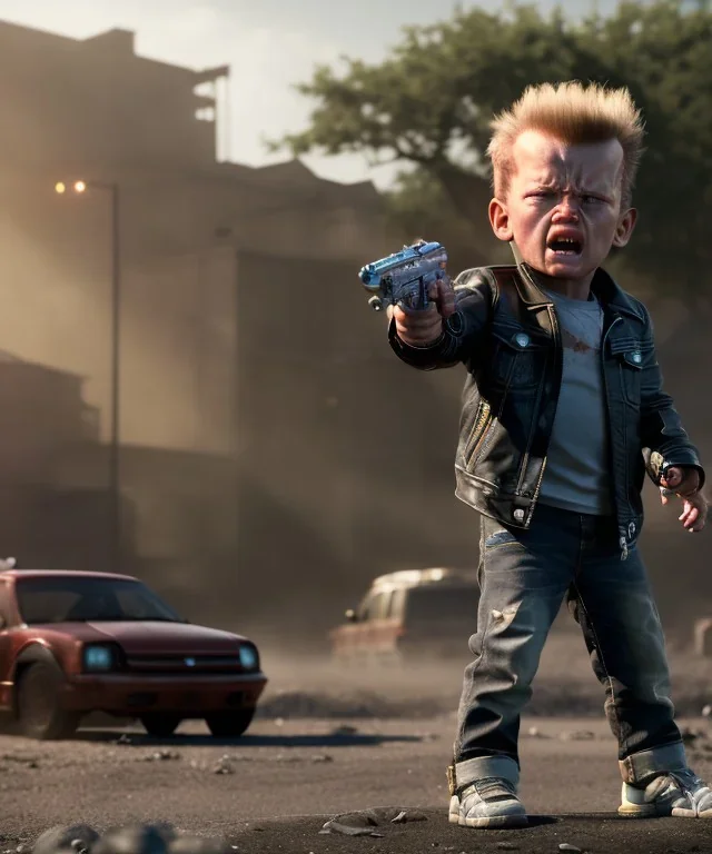 The Terminator toddler, full body, dramatic lighting, angry, hyper realistic