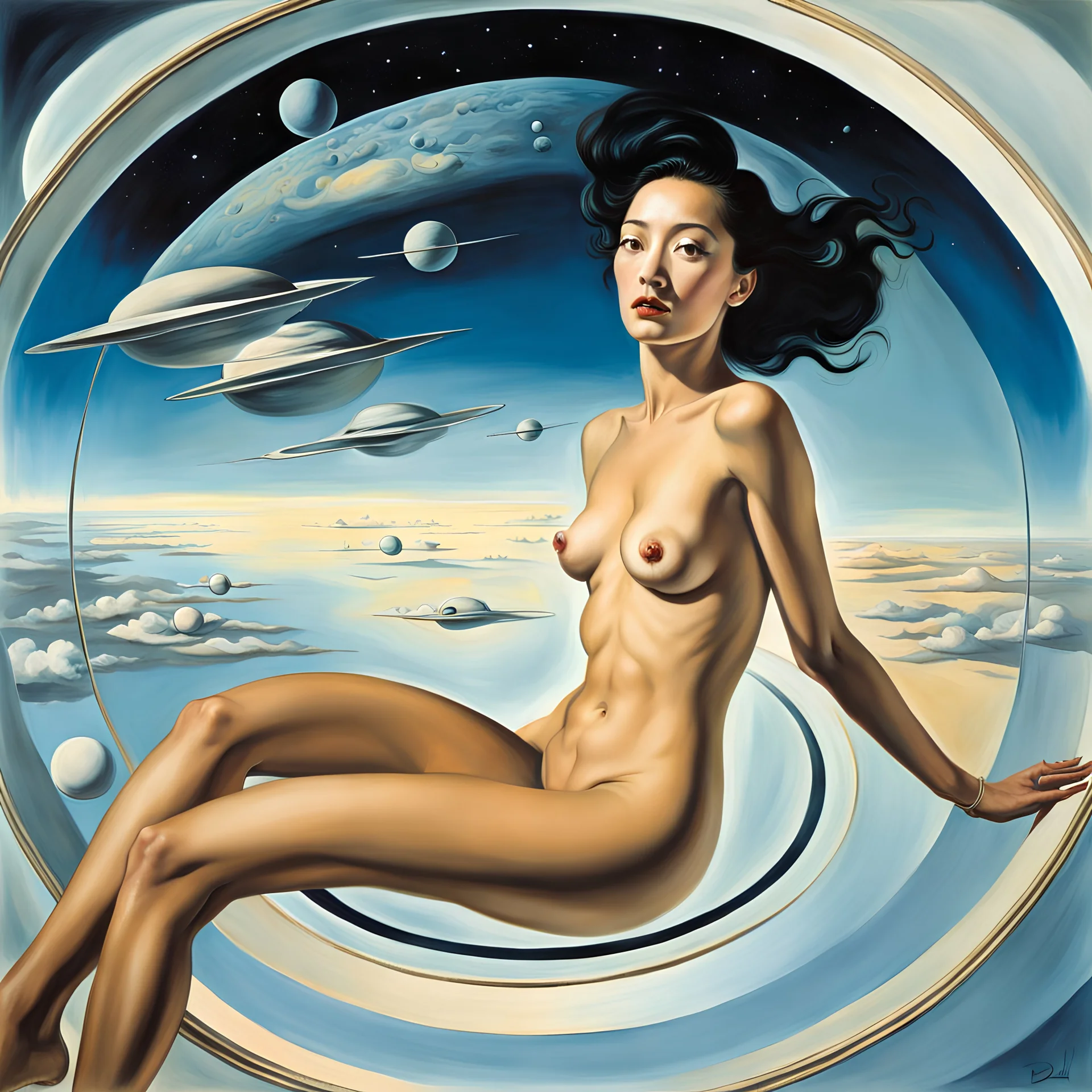 Art by Salvador Dali, my beautiful asian naturist wife floating in a zero gravity space station