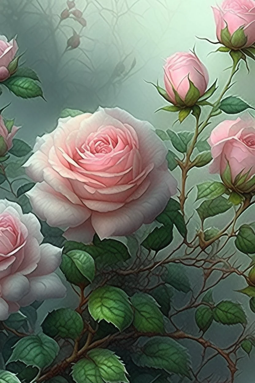 Watercolor, a bush of delicate pink roses, an ultra-detailed plant, morning, rain, beautiful landscape, fog, many details, delicate sensuality, realistic, high quality, 3d, work of art, hyperdetalization, filigree, hazy haze background, hyperrealism, professional, transparent, delicate pastel tones, back lighting, contrast, fantastic, unreal, translucent, glowing, clear lines, epic fabulous, fabulous landscape, hyperrealism