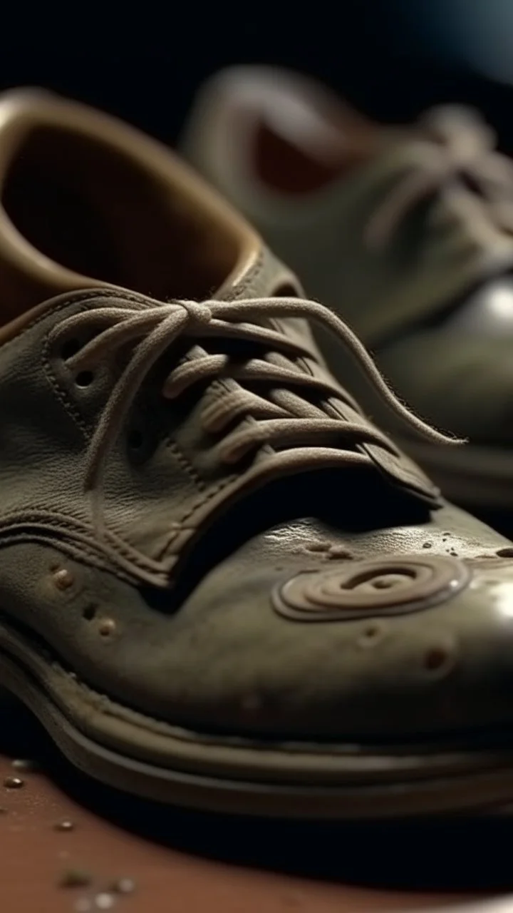A hyperrealistic shot of pair of old army leather shoes with a hole in front and small mouse hidden in it , the head of the mouse , intricate details, soft natural light, screen captured from 4K Blu-ray