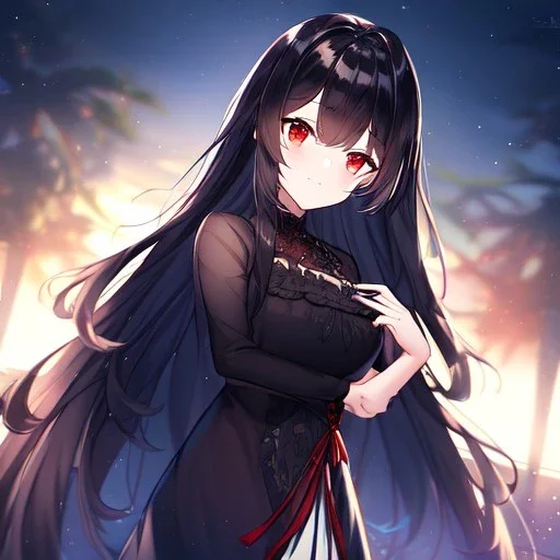 Clear focus, high resolution, black long fluffy hair, red eyes, wearing a cute outfit