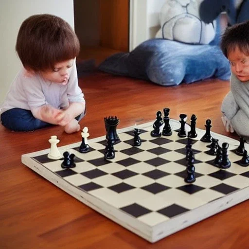 Children playing chess on floor with cats