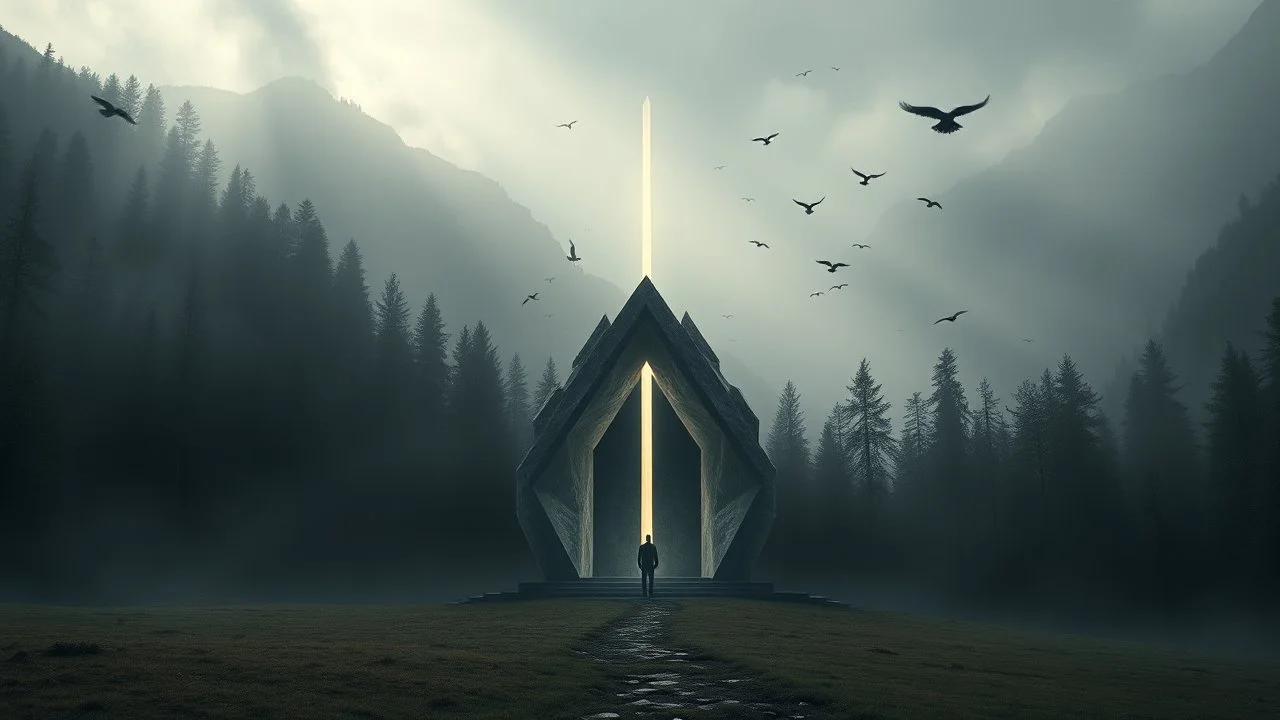 A contemporary chapel built in a fog-covered mountain valley, fractured crystalline volumes emerging from dark forests, empty and silent interiors pierced by vertical beams of symbolic natural light, conceptual architecture inspired by memory and spirituality, a single visitor walking towards the entrance while black birds fly over the landscape, pictorial representation inspired by the symbolism of Odilon Redon and hyperrealistic cinematic matte painting.