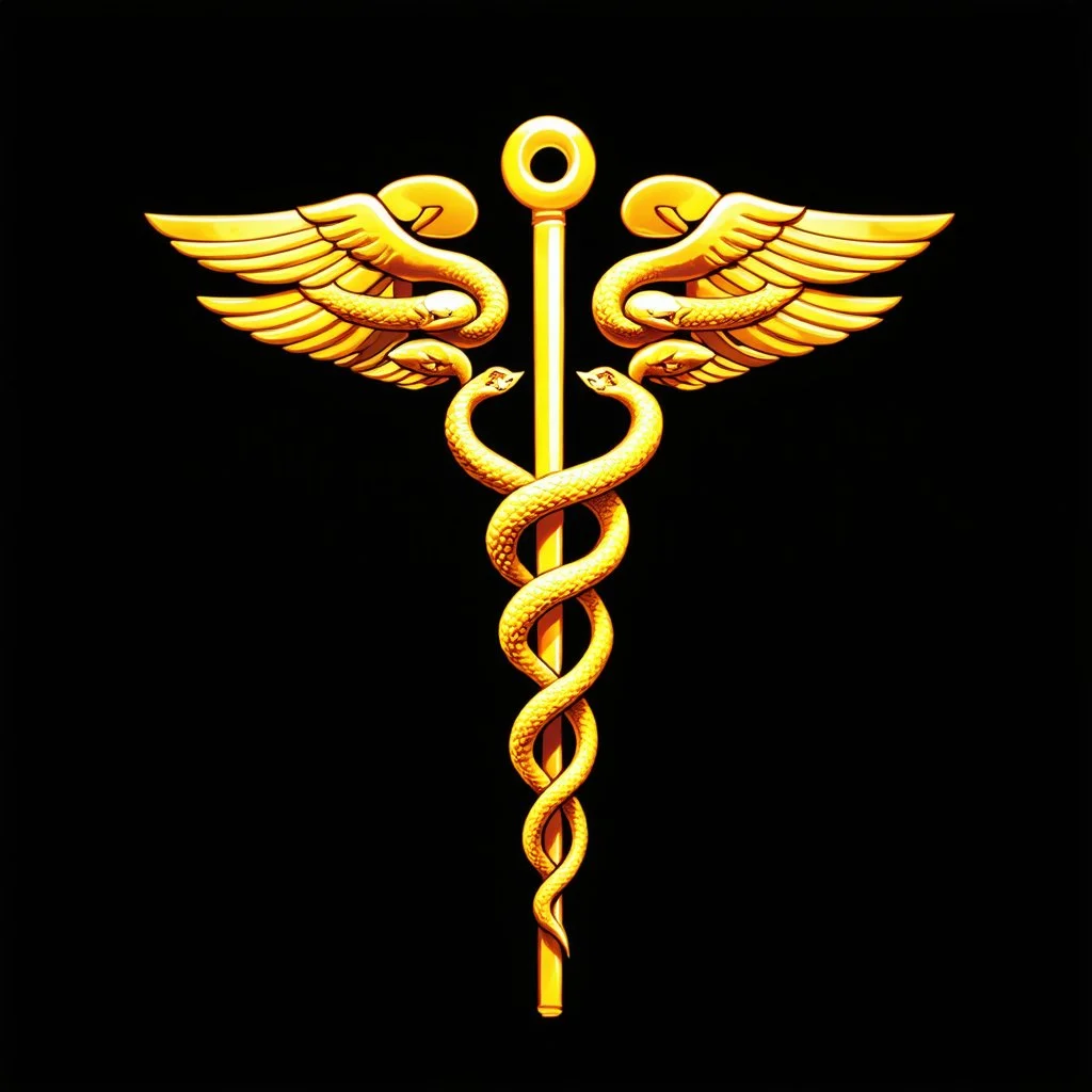 glowing golden fantastical caduceus symbol with two serpents coiling around a staff, concept art, minimalism, dark negative space, by Petros Afshar