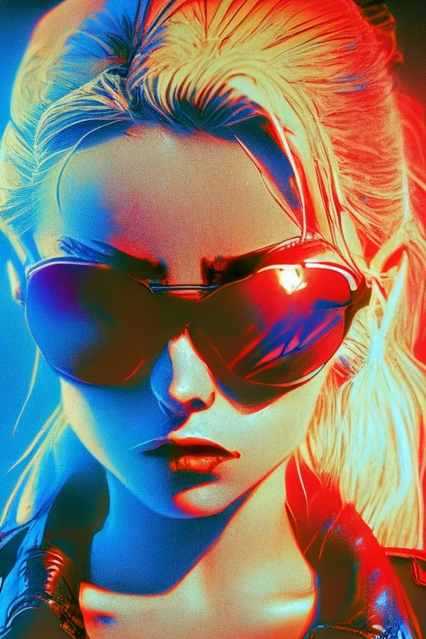 Photo of a beautiful, half broken blonde female Terminator, with dark sun glasses, bright red eye, Hollywood movie poster style, atmospheric blue light night time, high contrast dark moody lighting.