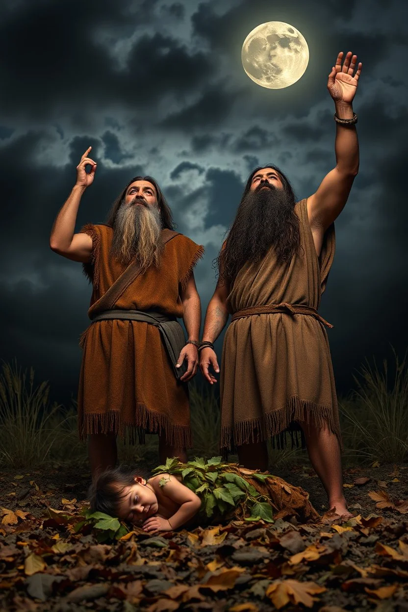 A Stone Age man and his wife with long hair and beard wearing an animal skin cloths standing with anger , looking up to the sky , raising both hands up like prayer. His baby who is laying dead on the ground covered with leaves, A cloudy stormy behind a dim lighting moon ,4k, dramatic scene,