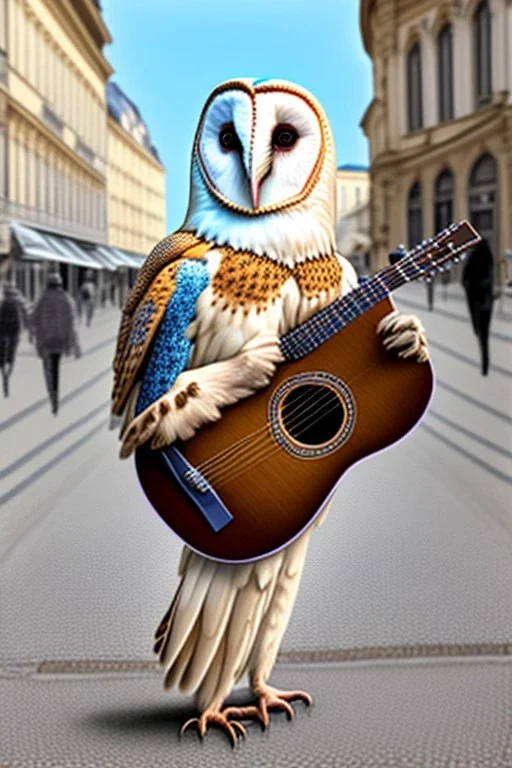 One single mature barn owl, playing guitar in the street , Vienna, friendly, sunny day, model style, hyper realistic, extremely accurate, delicate, extremely detailed, Graphic novel style, wide-angle, open aperture, superfine pencil