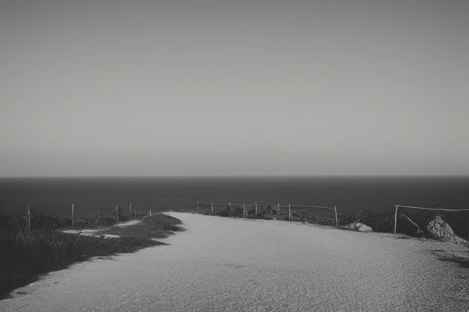 walking along a path that winds towards the top of a mountain, it is summer, the sea in the background photography taken with a Leica camera and 50mm lens, real photography in black and white, nostalgia