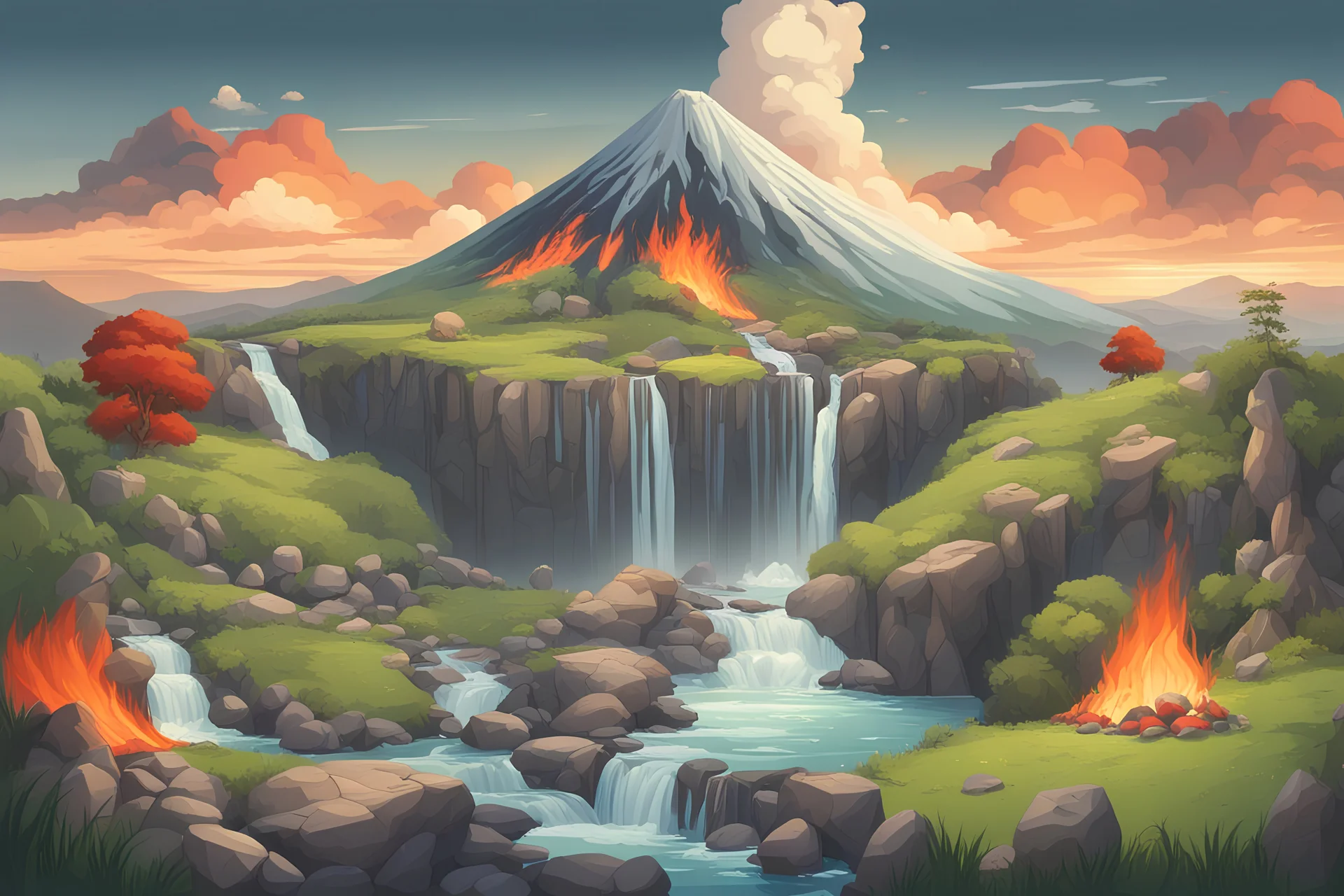 landscape with a waterfall, green land, a volcano with fire, ice stones and northern lights