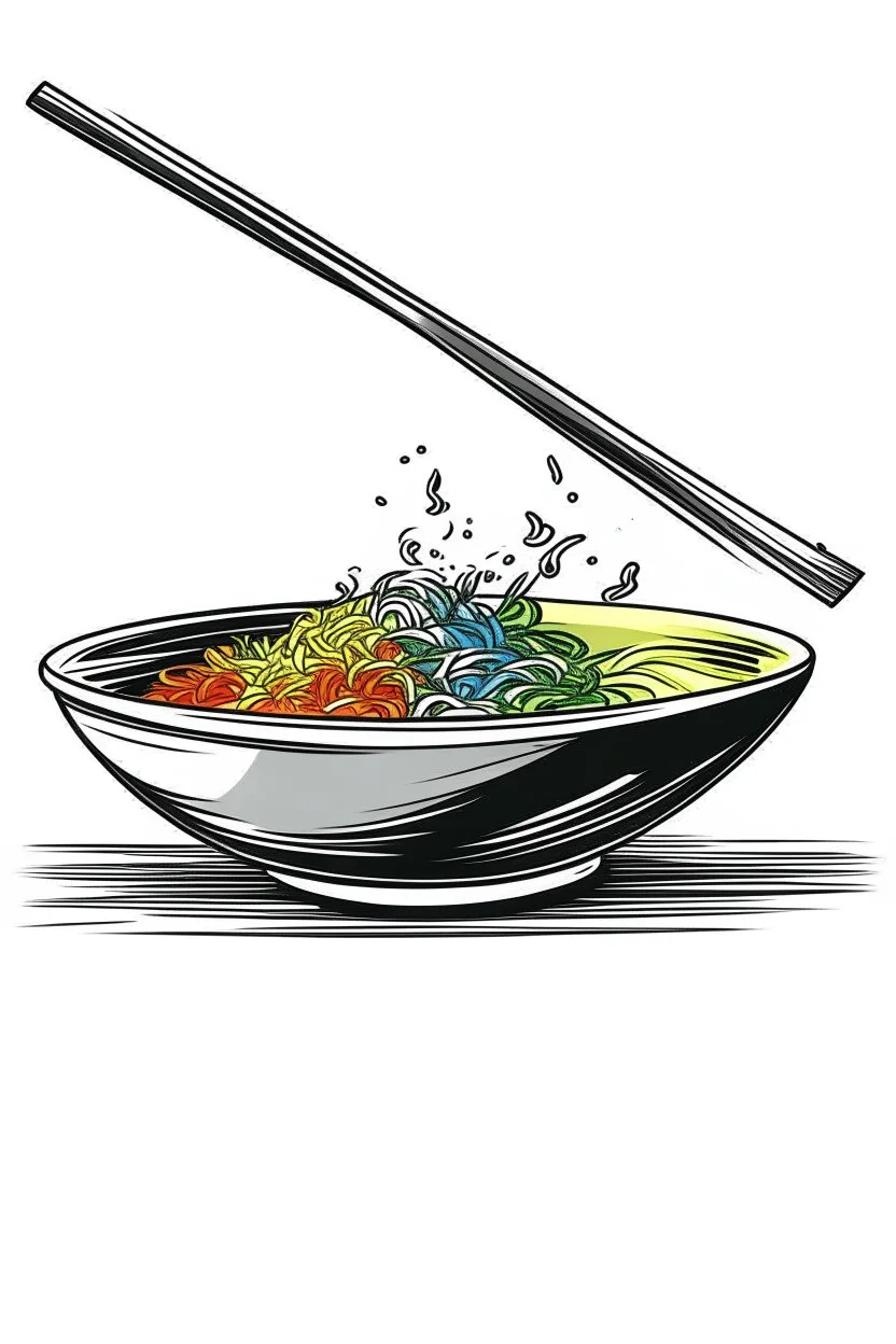 A stainless steel wok filled with colorful stir-fry vegetables and a stream of fluffy white rice cascading down one side. Chopsticks rest on the rim. Style: Minimalist, Mood: Fresh, Lighting: Bright overhead kitchen light, T-shirt design graphic, vector, contour, white background.