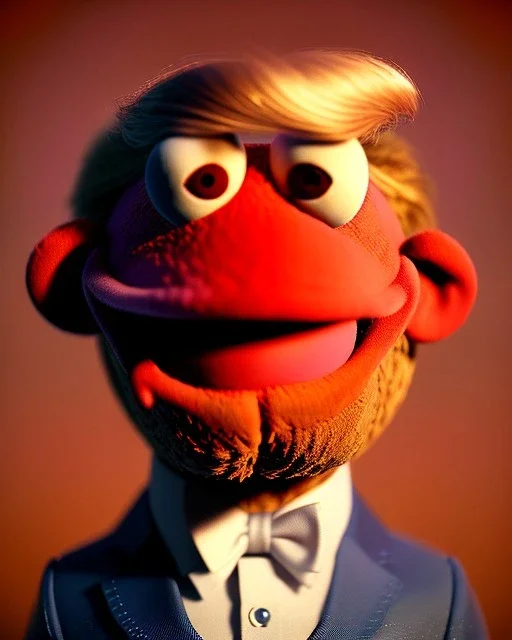 Waist up Portrait, Donald trump muppet, Sesame Street style, retro style, unreal engine 5, god lights, ray tracing, RTX, lumen lighting, ultra detail, volumetric lighting, 3d.