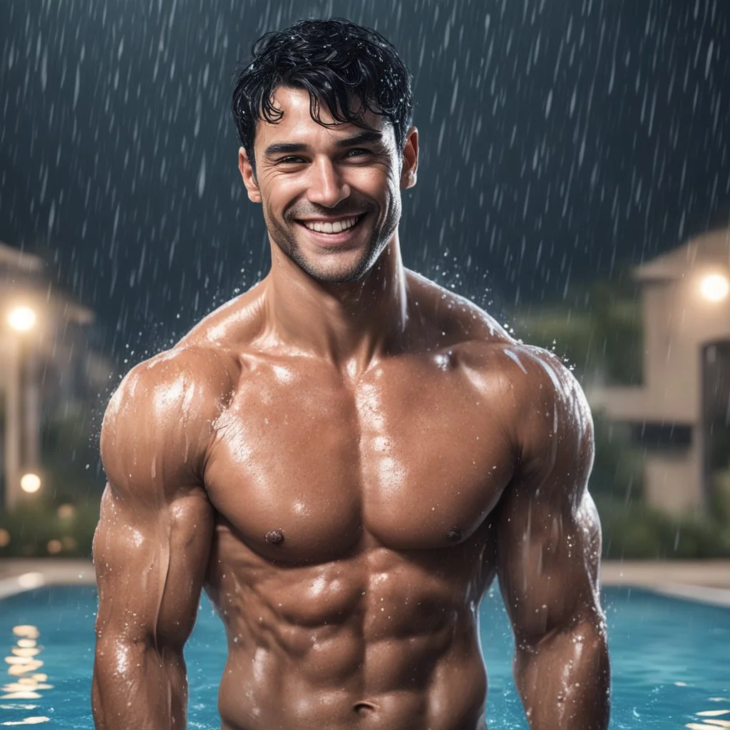 Hyper realistic extremely handsome muscular short black hair man smiling & standing between swimming pool in a heavy rainy night