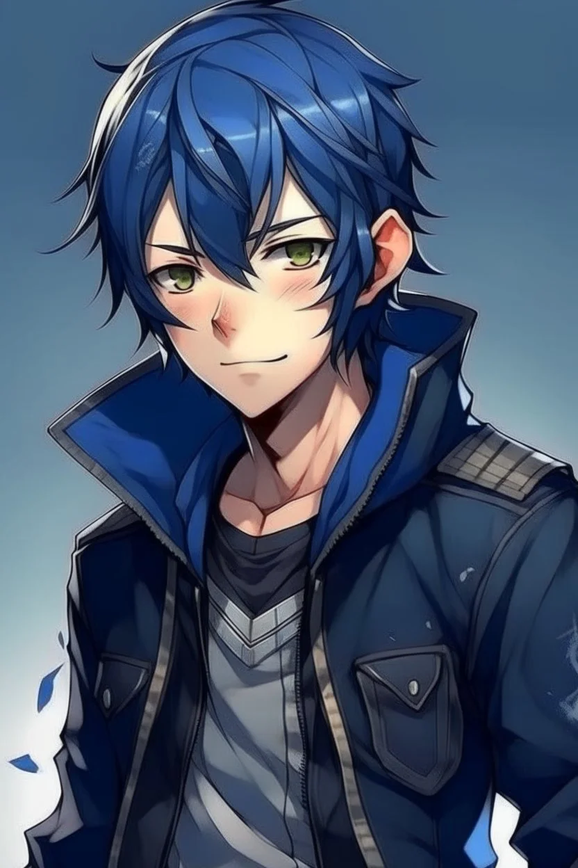 dark blue haired anime boy in a leather jacket