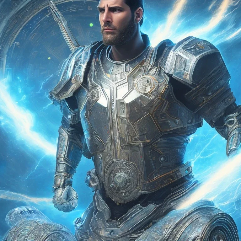 in center is a highly detailed greek colossus surrounded by quantum galaxy codes seeking knowledge while wearing High Tech futuristic sunglasses, detailed face, dominating colors = gray light blue, lightning,