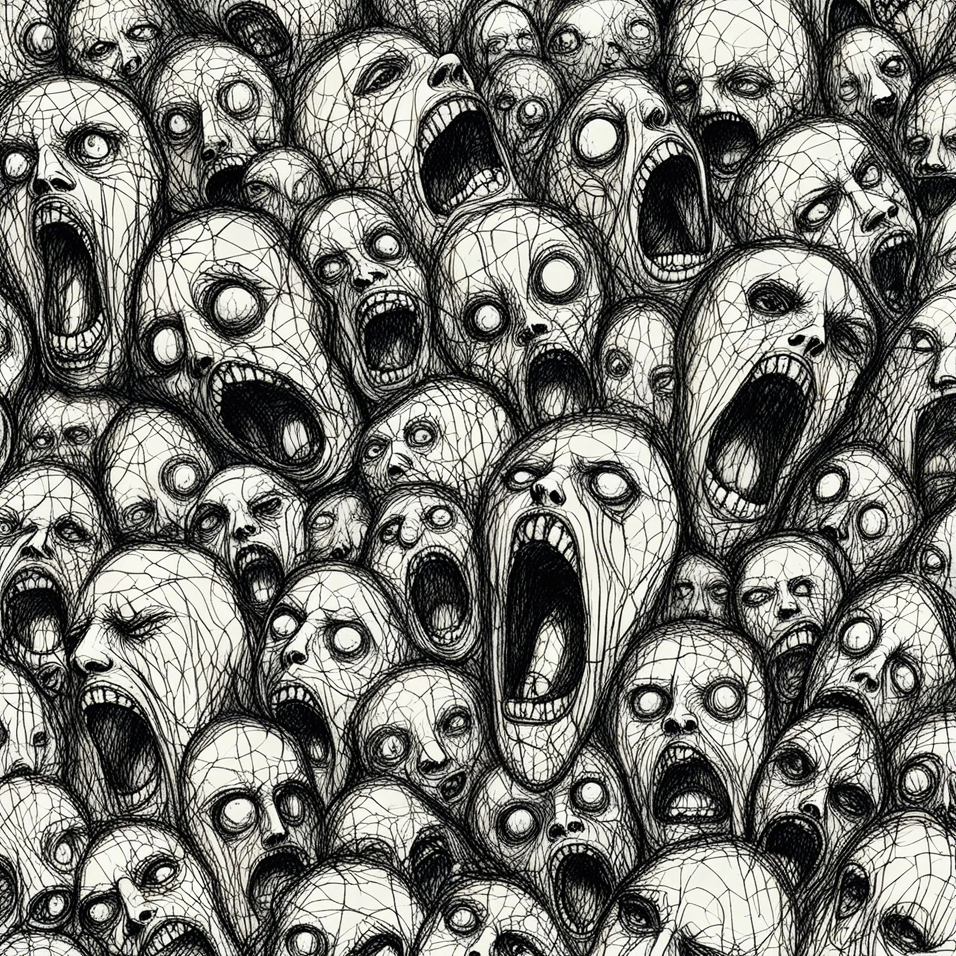 sketch line, rought, of faces on a pages, screaming and sad, demented, mad, journal