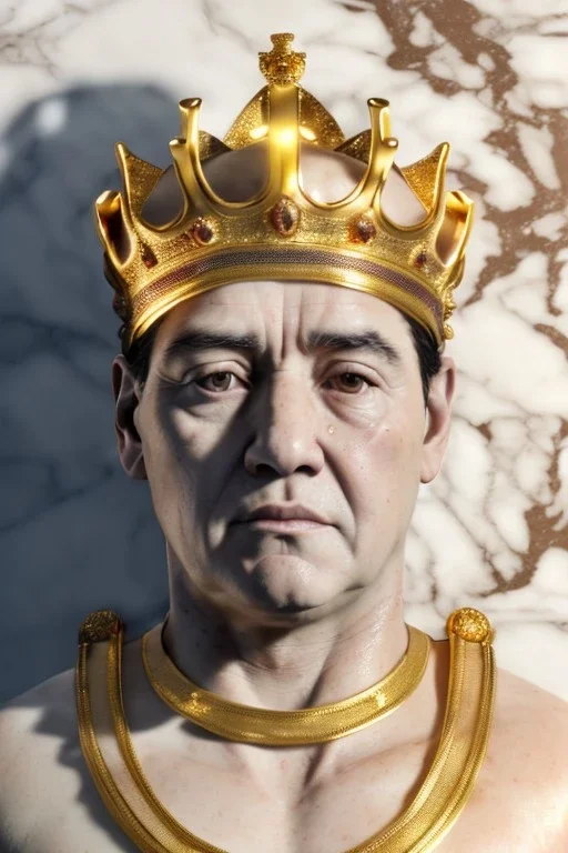 Ultra Realistic image, classic sculpture, white marble material, Maradona, gold laurel leaves crown, gold veins, gold ornaments, sun rays background, waist up portrait, epic, celestial, cinematic lighting, God lights, 4k resolution, smooth details, soft lighting, unreal engine 5, art station, substance 3d.