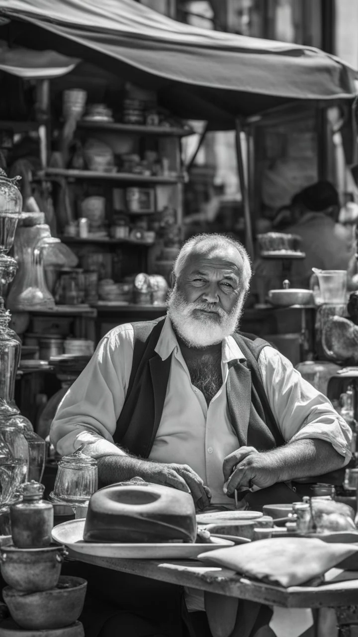 Full length photograph of a 58 year old, strong and chubby Neapolitan antiques dealer, at the street market, elegantly dressed, old glasses, short beard, short shaved hair, under the sun, stocky, open shirt, hairy chest, sitting in a furniture stall of antique and mirrors, big belly, big shoulders,, sunlight, ambient occlusion, side light, photorealistic, side view from the ground