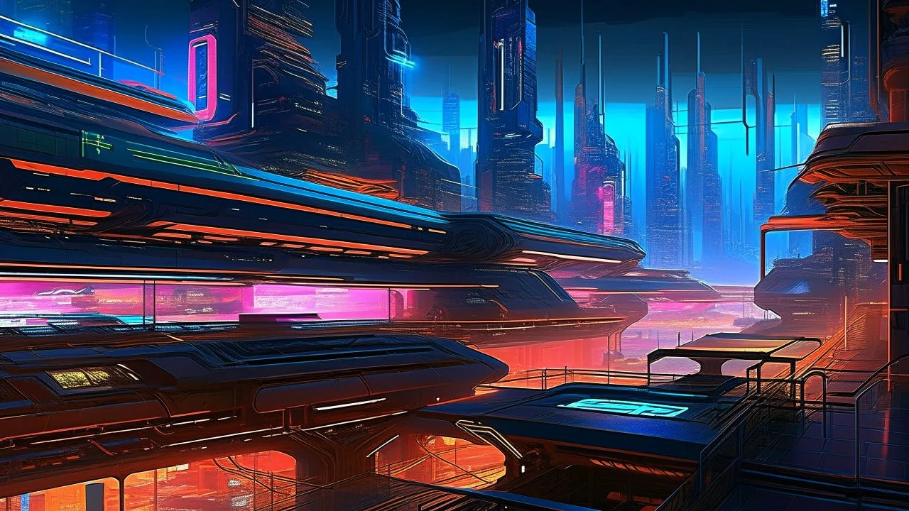 He viewed the metropolis as a mechanical marvel, its components functioning with the ruthless precision of a perfectly calibrated timepiece. The city, depicted as a futuristic cyberpunk environment in a digital painting, showcases towering skyscrapers connected by intricate network of neon-lit streets and highways. Each building exudes a sleek, metallic sheen, reflecting the glow of a thousand city lights against the night sky. This mesmerizing image captures the essence of a bustling, mechanize