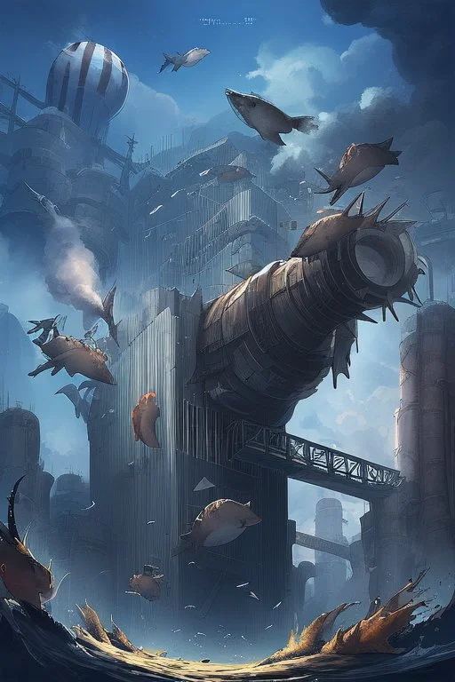 a nuke power plant with a lot of smoke in the sky by the river and show many dead fish and some animals are dead j